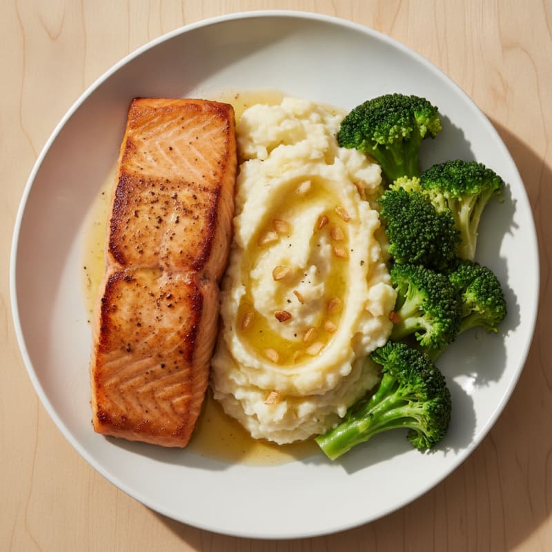 Seared Salmon with Steamed Broccoli and Garlic Mashed Potatoes