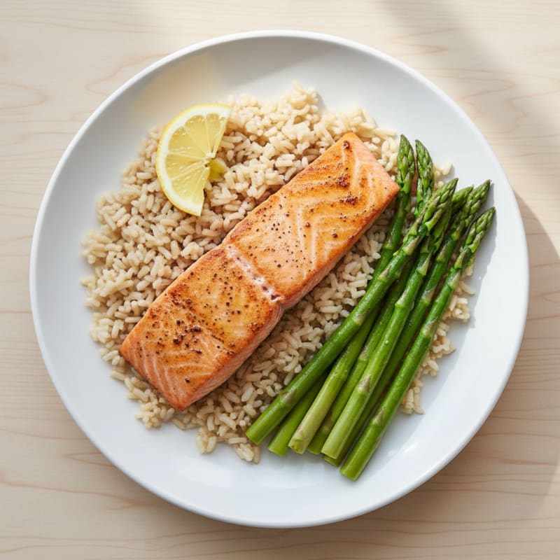 Seared Salmon with Steamed Asparagus and Brown Rice