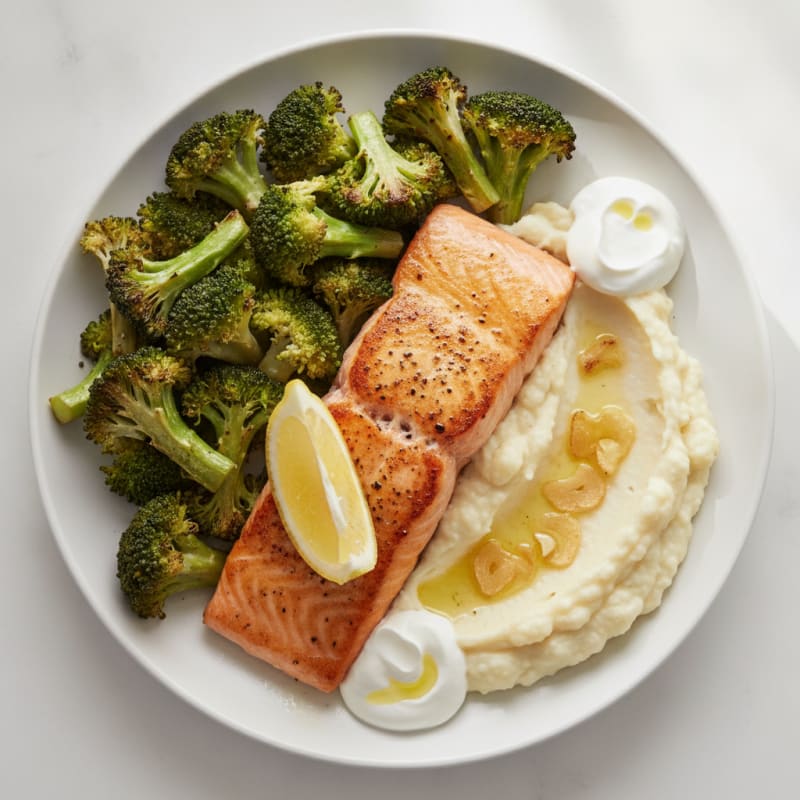 Seared Salmon with Roasted Broccoli and Garlic Mashed Cauliflower