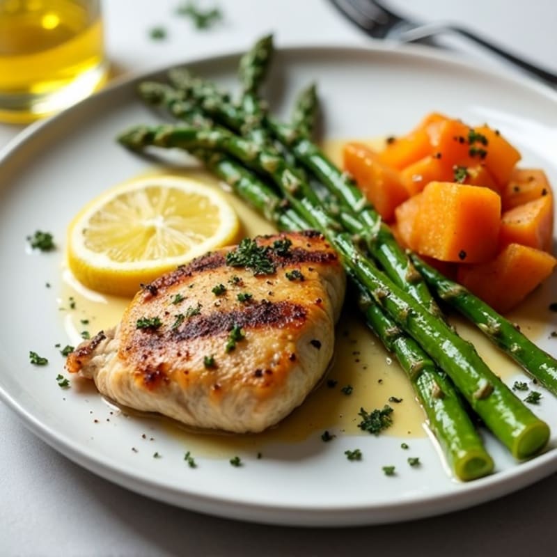 Lemon-Herb Pan-Seared Chicken with Roasted Asparagus and Tender Sweet Potato