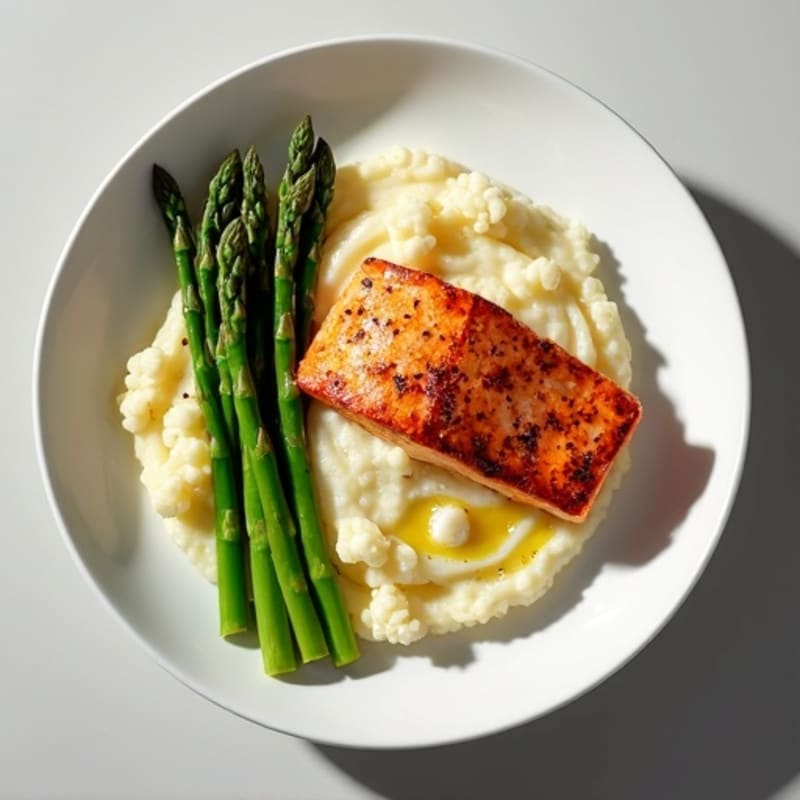 Seared Salmon with Steamed Asparagus and Cauliflower Mash