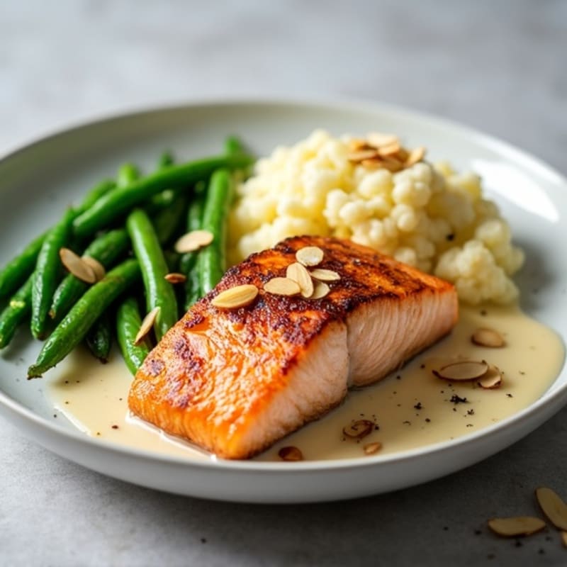 Seared Salmon with Garlic Green Beans and Mashed Cauliflower