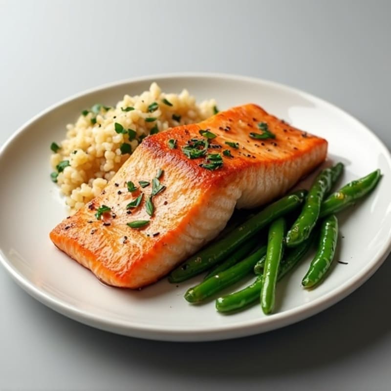 Seared Salmon with Garlic Green Beans and Brown Rice