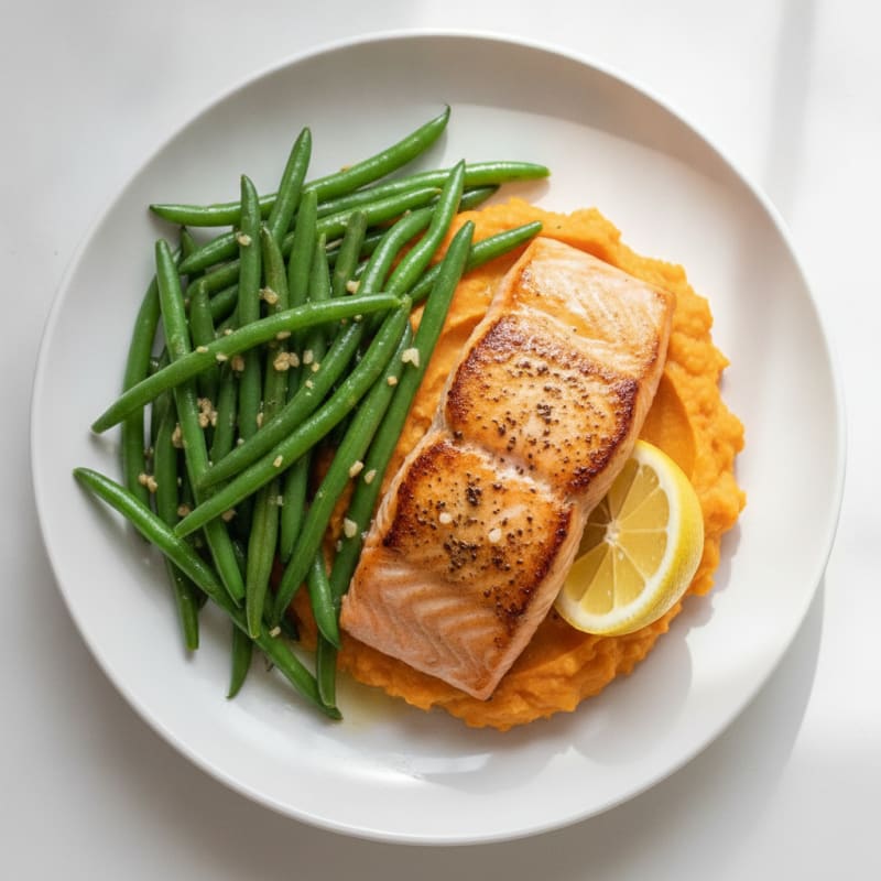 Seared Salmon with Garlic Green Beans and Sweet Potato Mash