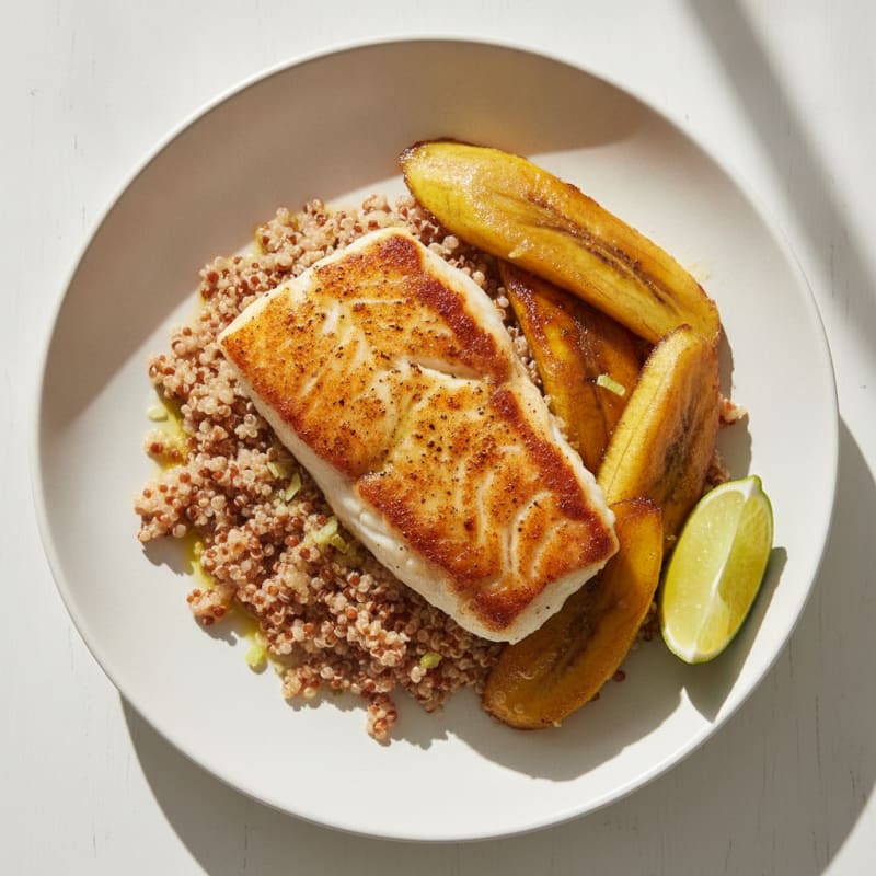Seared Cod with Smoky Paprika Quinoa and Roasted Plantains