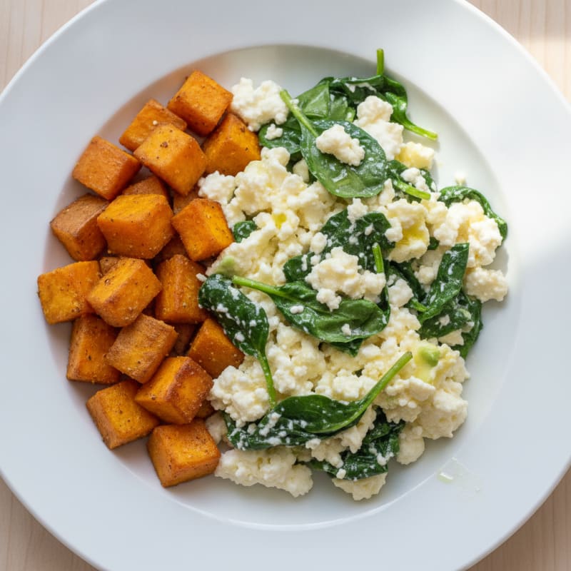 Egg White and Cottage Cheese Scramble with Spinach and Roasted Sweet Potatoes