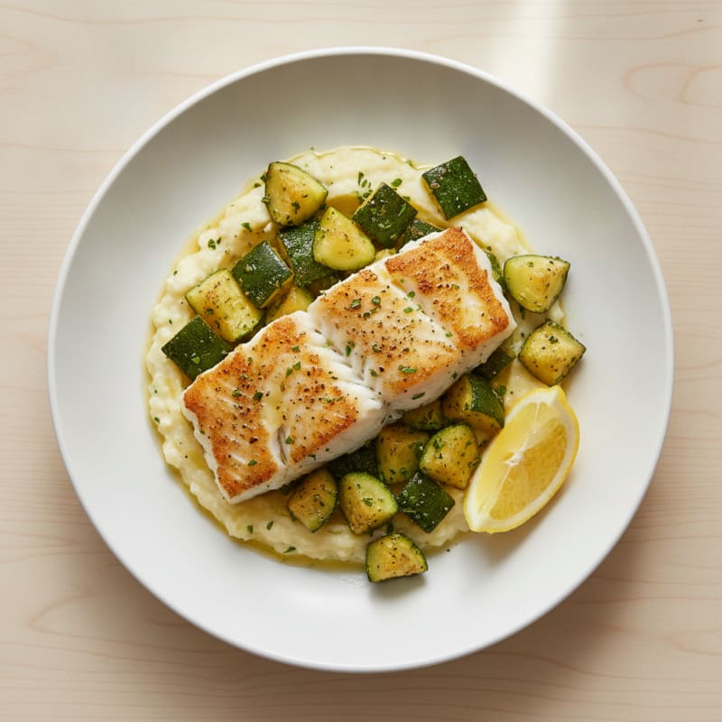 Seared Cod with Roasted Zucchini and Cauliflower Mash