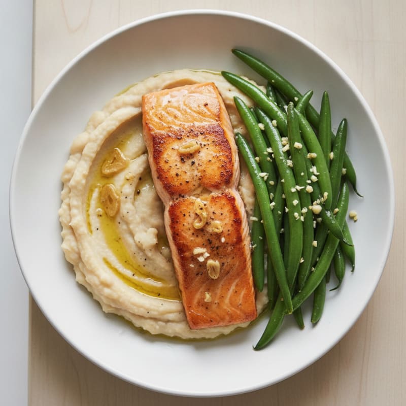 Seared Salmon with Garlicky Green Beans and White Bean Mash