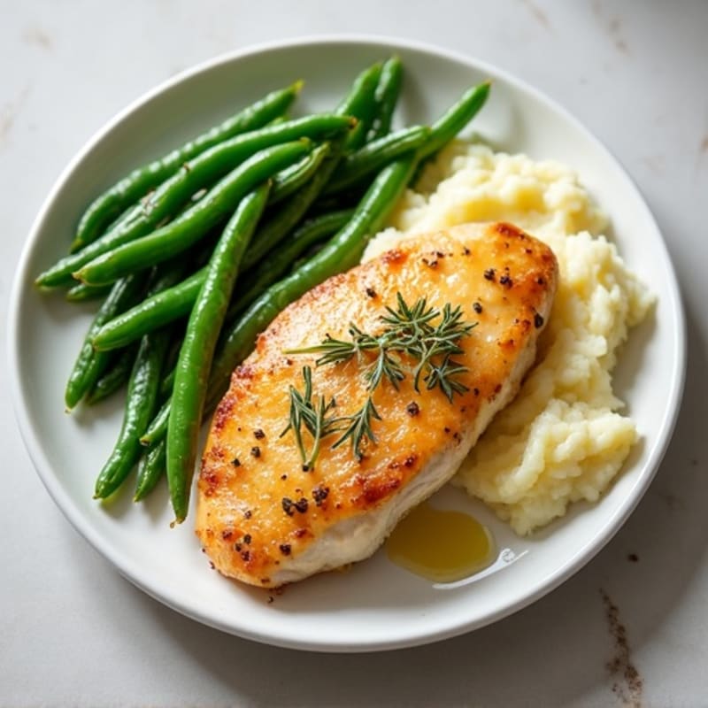 Pan-Seared Lemon Herb Chicken with Creamy Garlic Mashed Potatoes and Roasted Green Beans