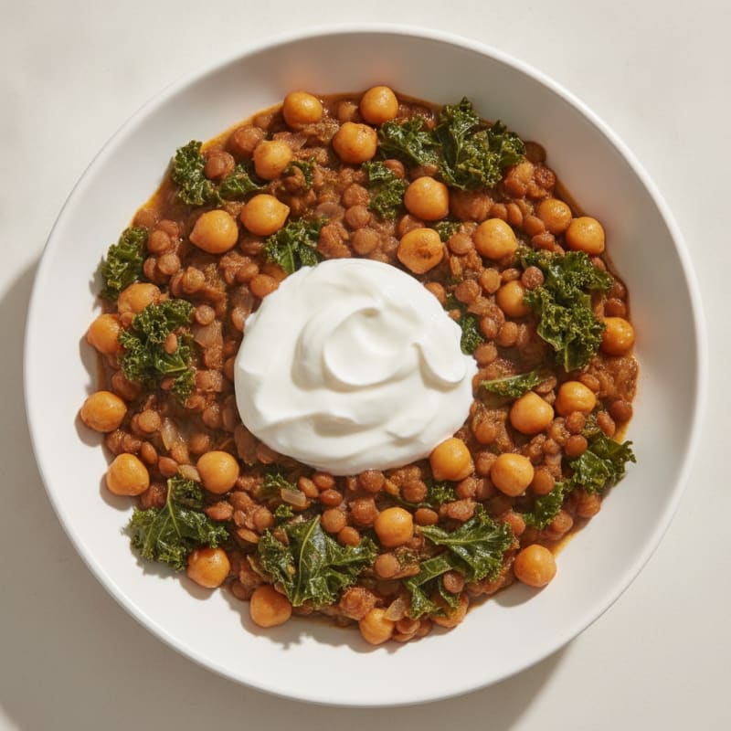 Lentil and Chickpea Stew with Leafy Greens and Greek Yogurt