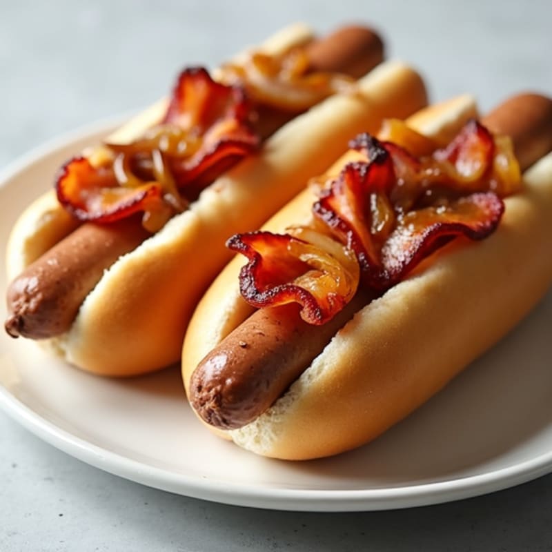 Lean Turkey Dogs with Turkey Bacon and Caramelized Onions