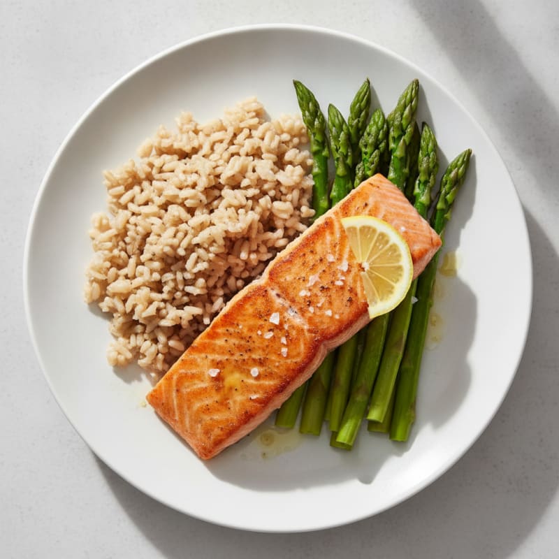 Seared Salmon Fillet with Steamed Asparagus and Brown Rice
