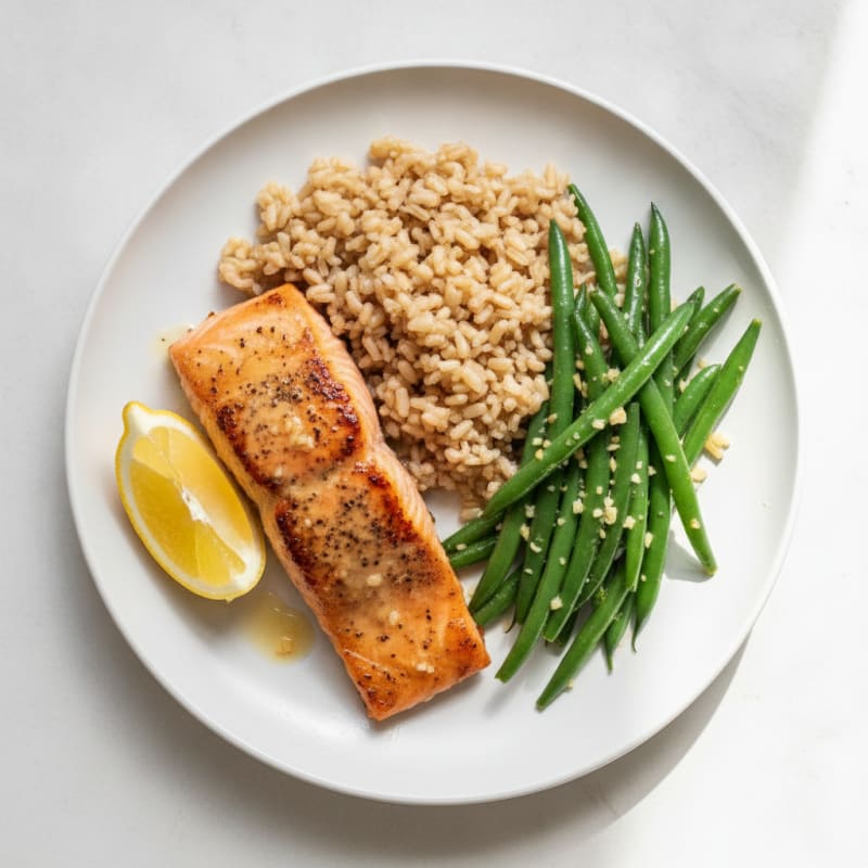 Seared Salmon with Garlic Green Beans and Brown Rice