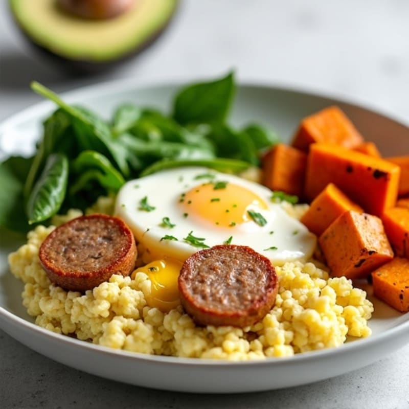 Egg White and Turkey Sausage Scramble with Spinach and Roasted Sweet Potato