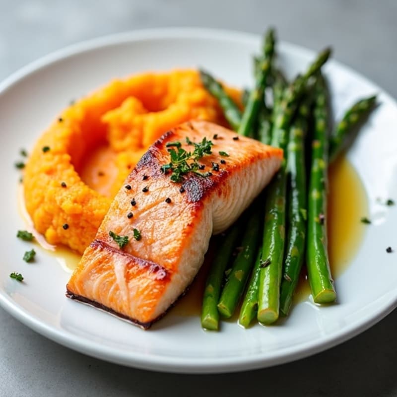 Seared Salmon Fillet with Steamed Asparagus and Sweet Potato Mash