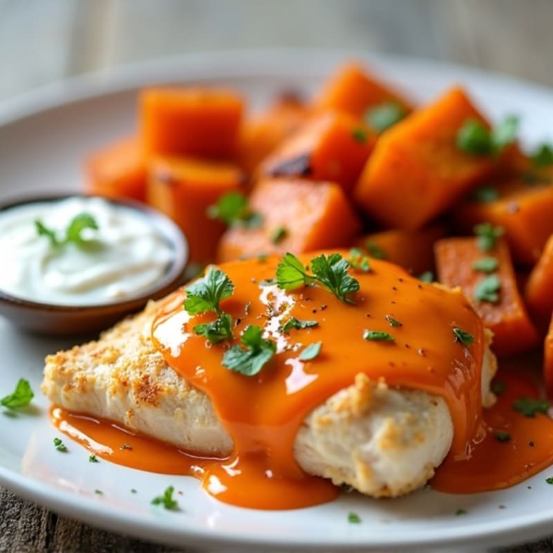 Creamy Buffalo Chicken with Roasted Sweet Potatoes
