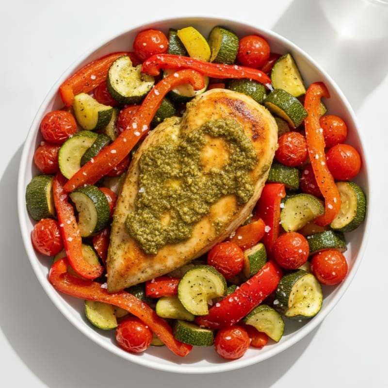 Pesto Baked Chicken with Roasted Vegetables