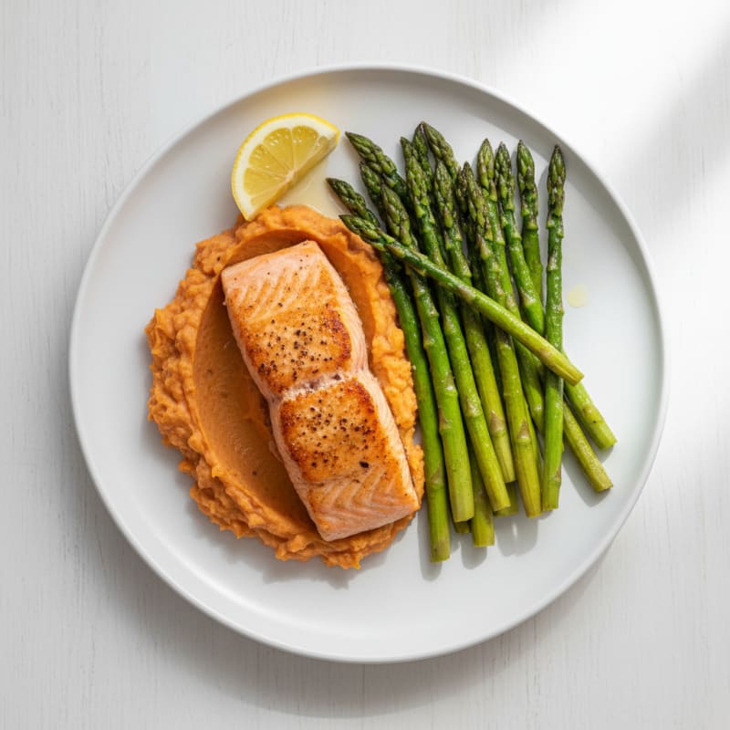 Seared Salmon Fillet with Roasted Asparagus and Sweet Potato Mash