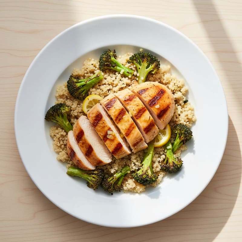 Grilled Lemon Garlic Chicken Breast with Quinoa and Roasted Broccoli