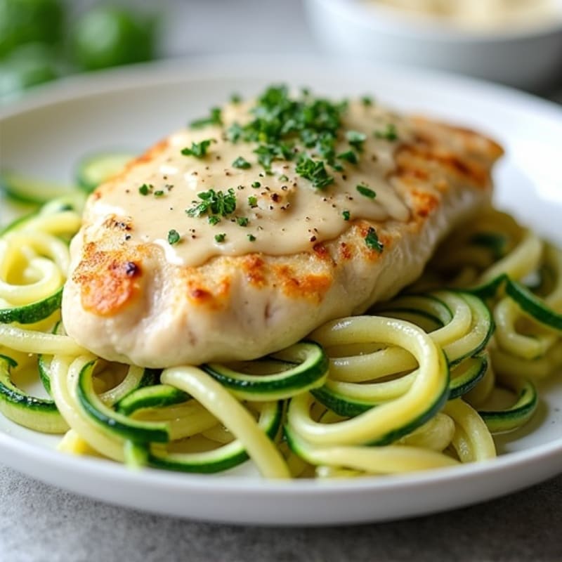 Creamy Cauliflower Alfredo Chicken with Zucchini Noodles