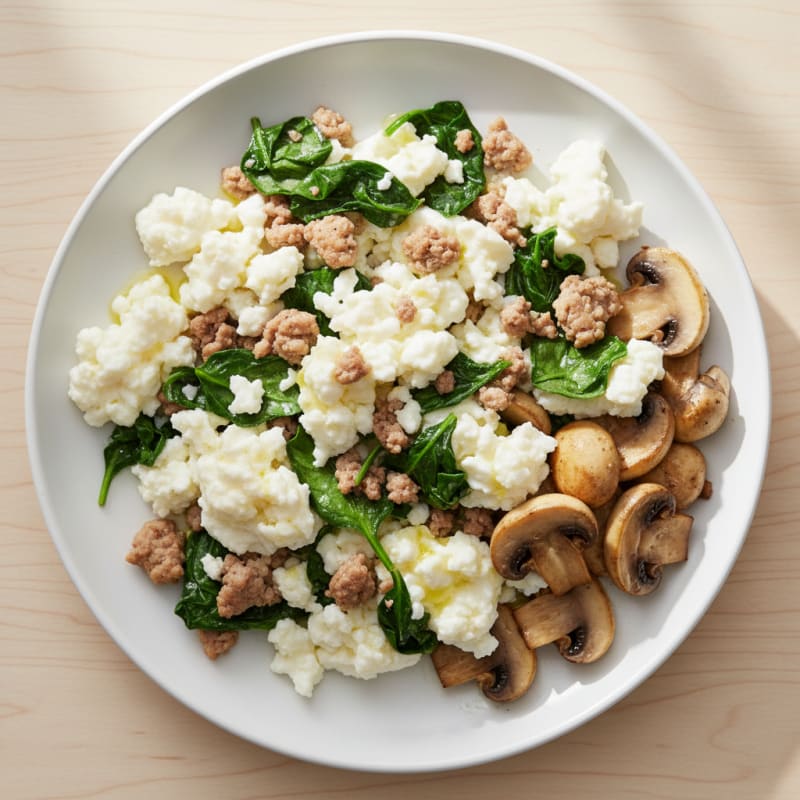 Egg White and Turkey Spinach Scramble with Sautéed Mushrooms