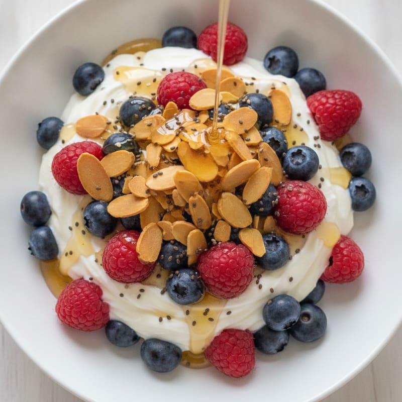 Greek Yogurt Protein Parfait with Mixed Berries and Almonds