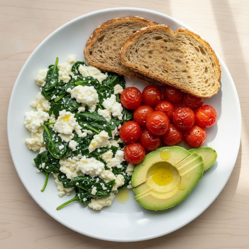 Egg White and Spinach Scramble with Cottage Cheese and Cherry Tomatoes