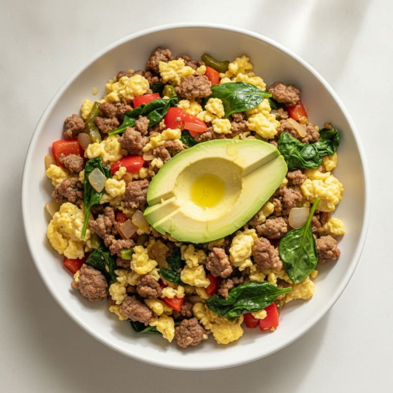 Crispy Ground Beef and Veggie Egg Scramble