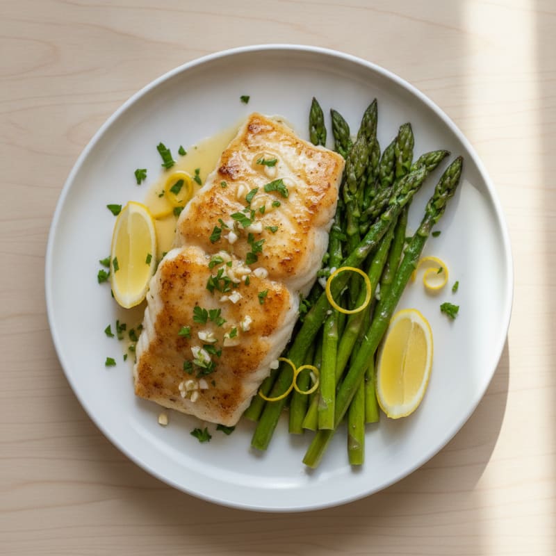 Seared Cod with Roasted Asparagus and Lemon
