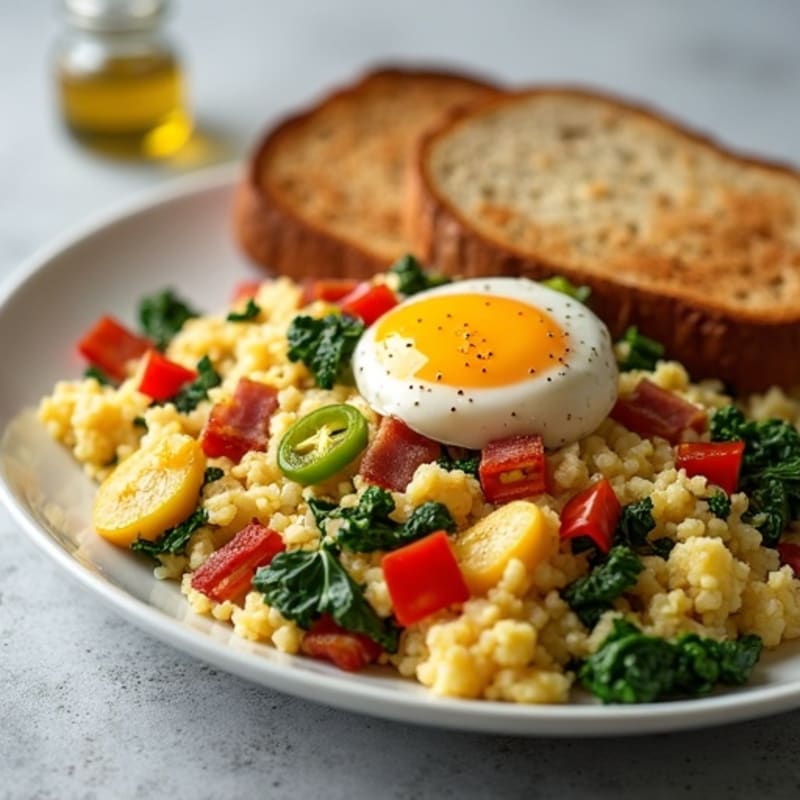 Egg White Veggie Scramble with Cottage Cheese and Turkey Bacon