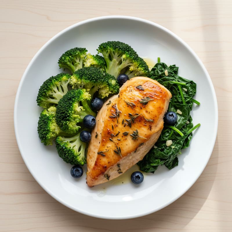 Herb-Roasted Chicken Breast with Steamed Broccoli and Sautéed Spinach
