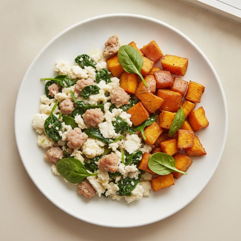 Egg White and Turkey Sausage Scramble with Spinach and Roasted Sweet Potatoes