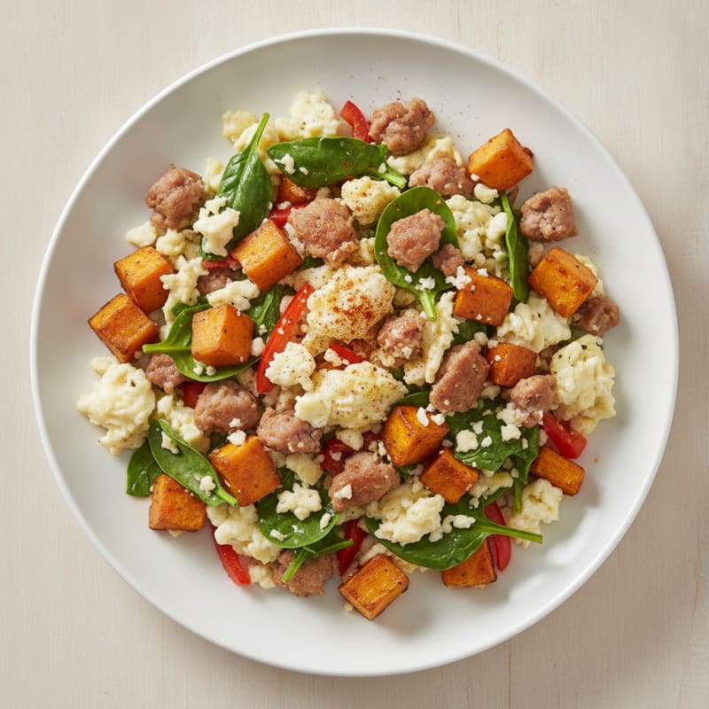 Egg White and Turkey Sausage Scramble with Roasted Sweet Potatoes