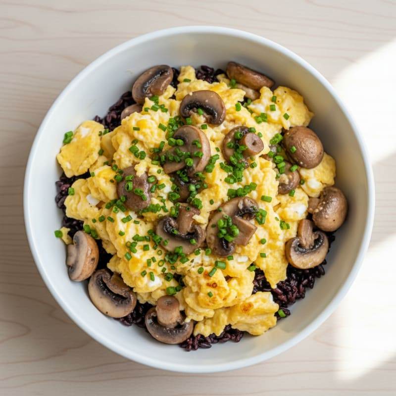 Scrambled Eggs with Sautéed Mushrooms and Black Rice