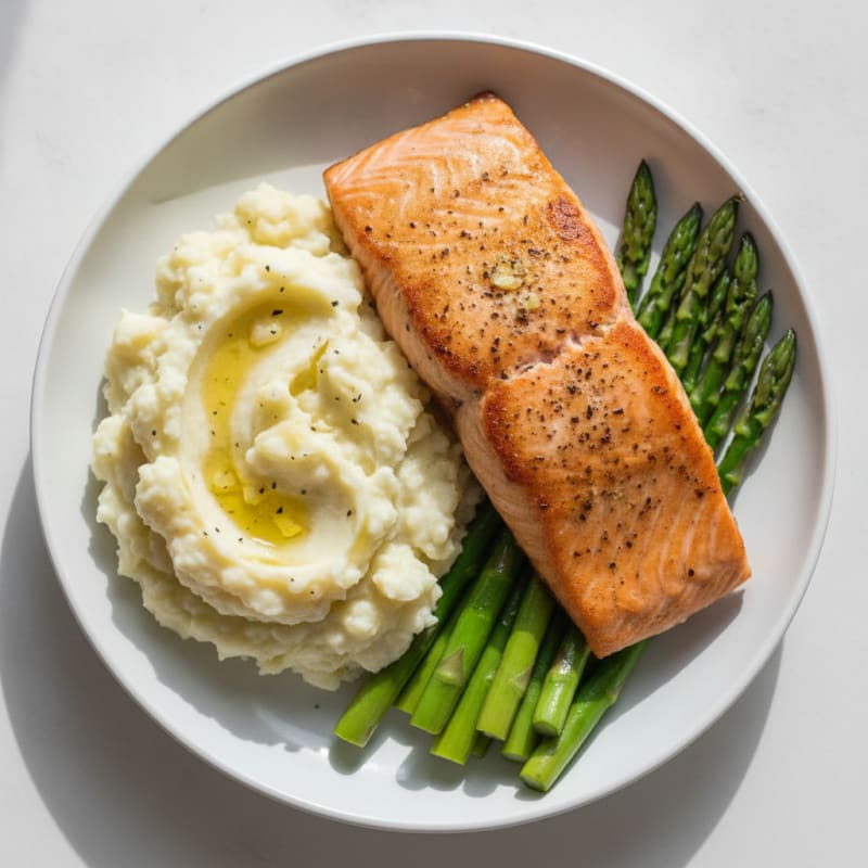 Seared Salmon with Steamed Asparagus and Garlic Mashed Potatoes