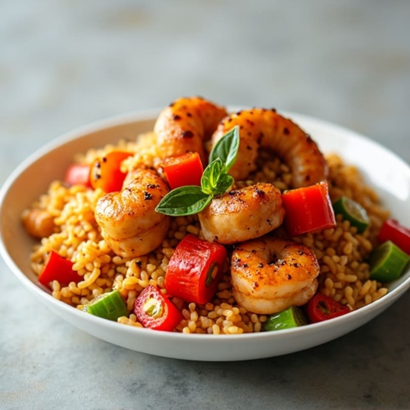 Spicy Chicken, Sausage, and Shrimp Brown Rice with Bell Peppers
