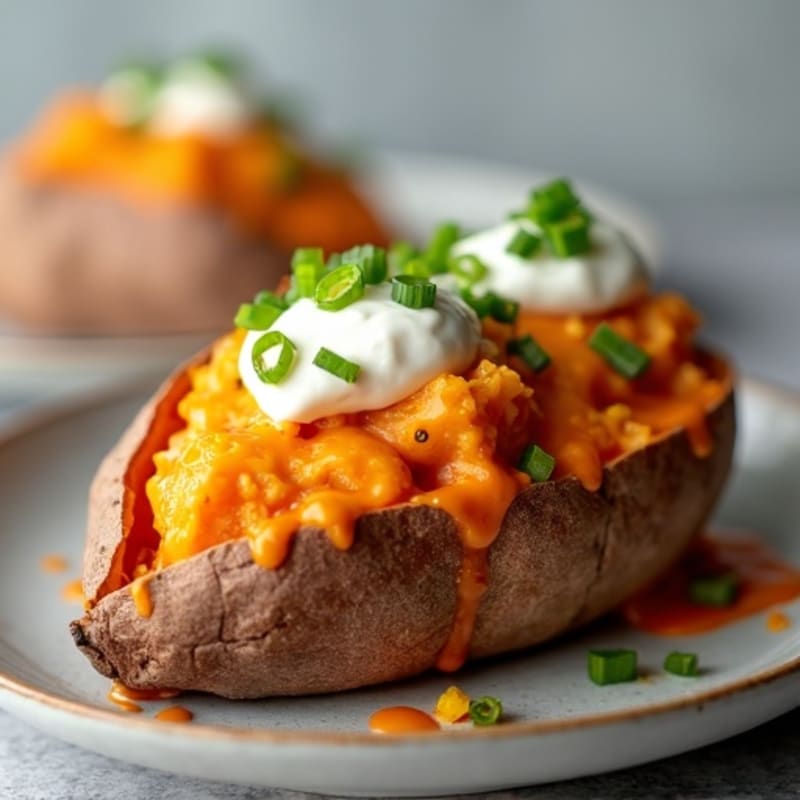 Creamy Buffalo Chicken Stuffed Sweet Potatoes