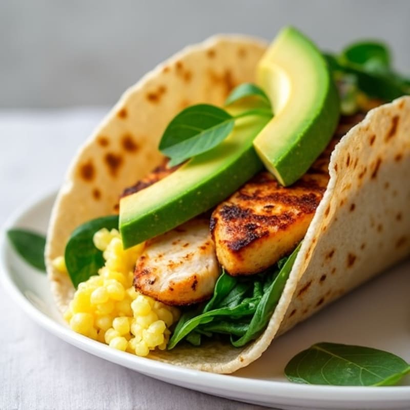 Egg White Scramble with Spinach and Grilled Chicken Breakfast Taco