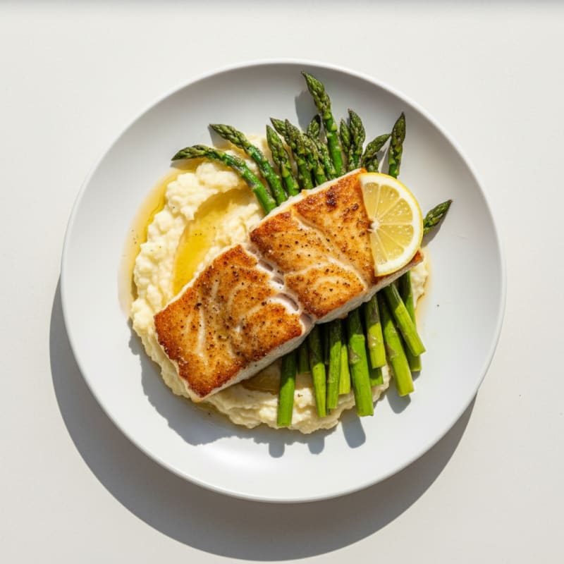 Seared Cod with Roasted Asparagus and Cauliflower Mash