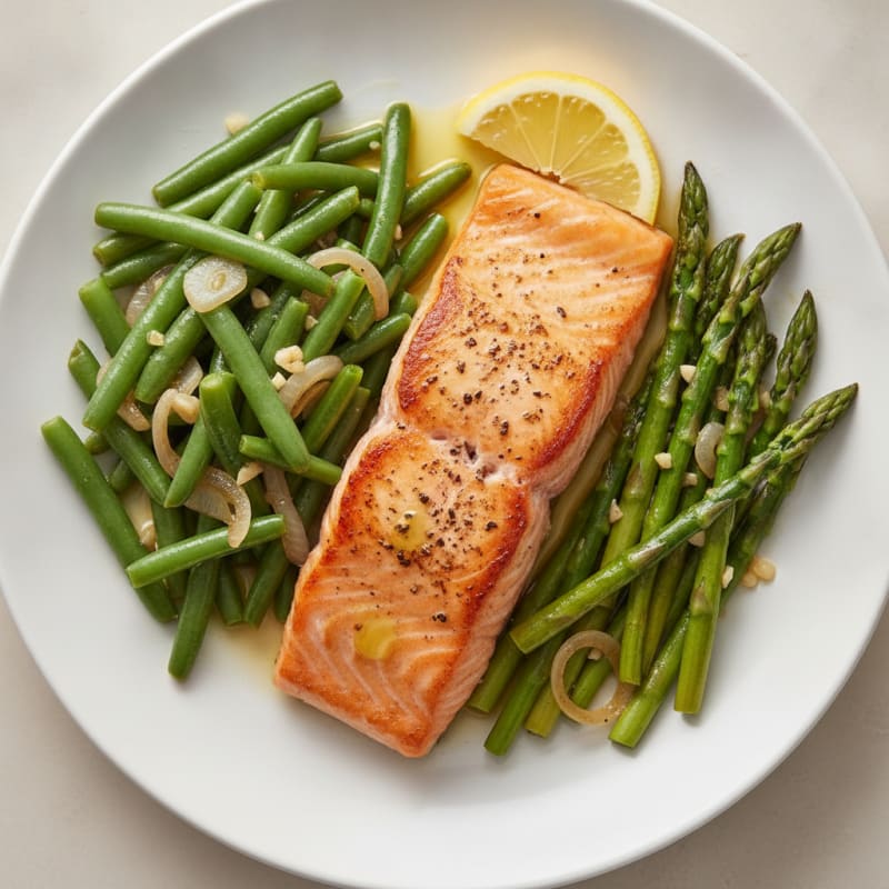 Pan-Seared Salmon with Garlic Green Beans and Shallot Asparagus