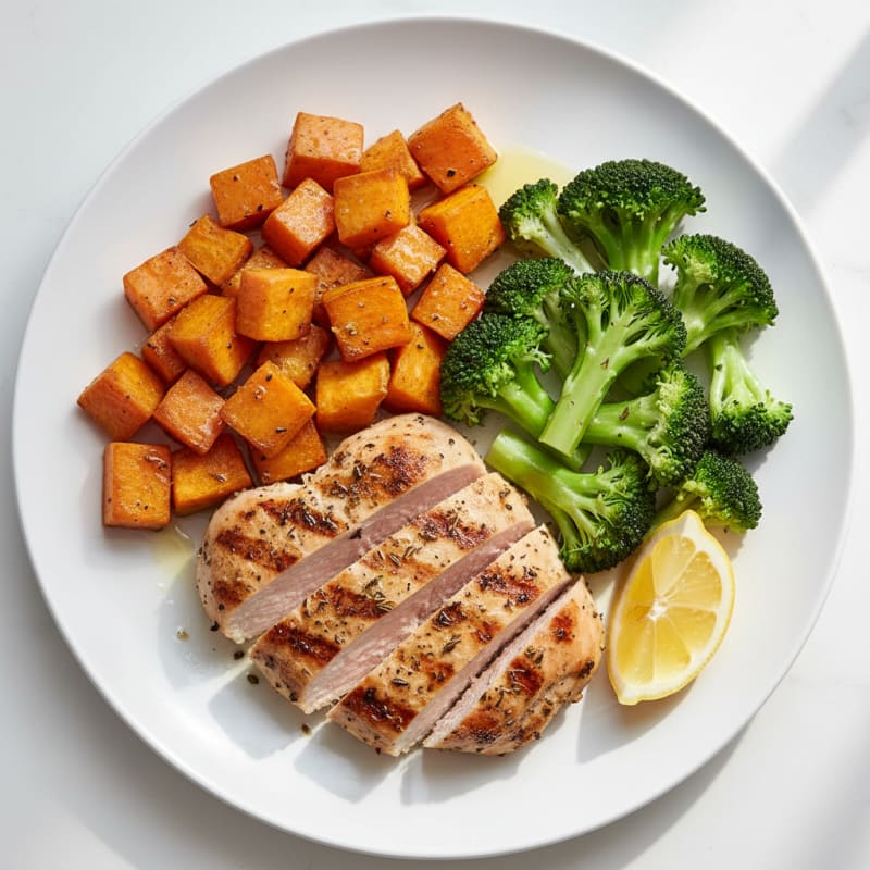 Grilled Turkey Breast with Roasted Sweet Potato and Steamed Broccoli