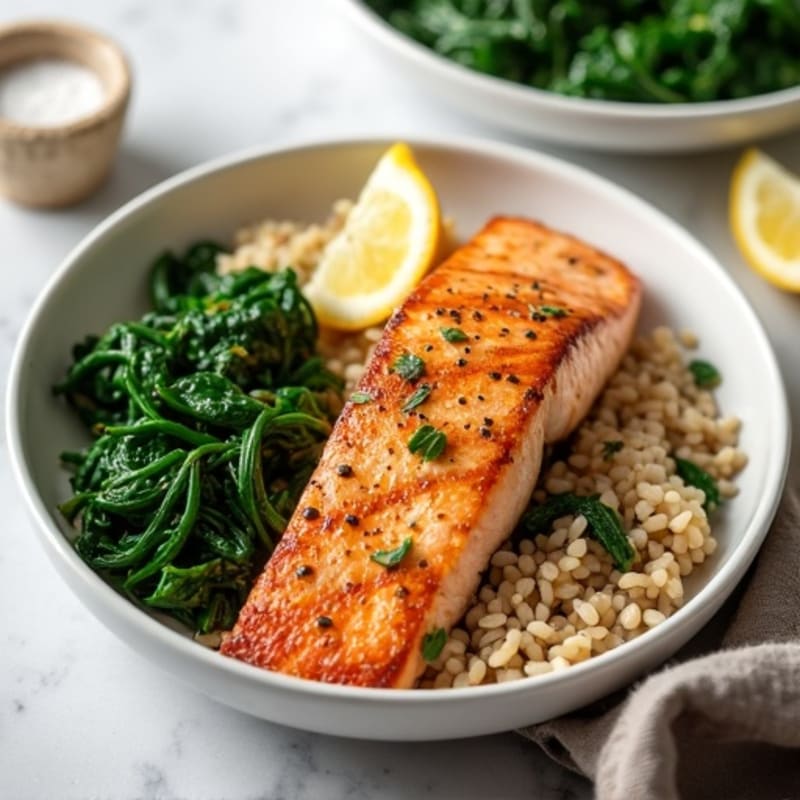 Seared Salmon with Garlic Sautéed Spinach and Brown Rice