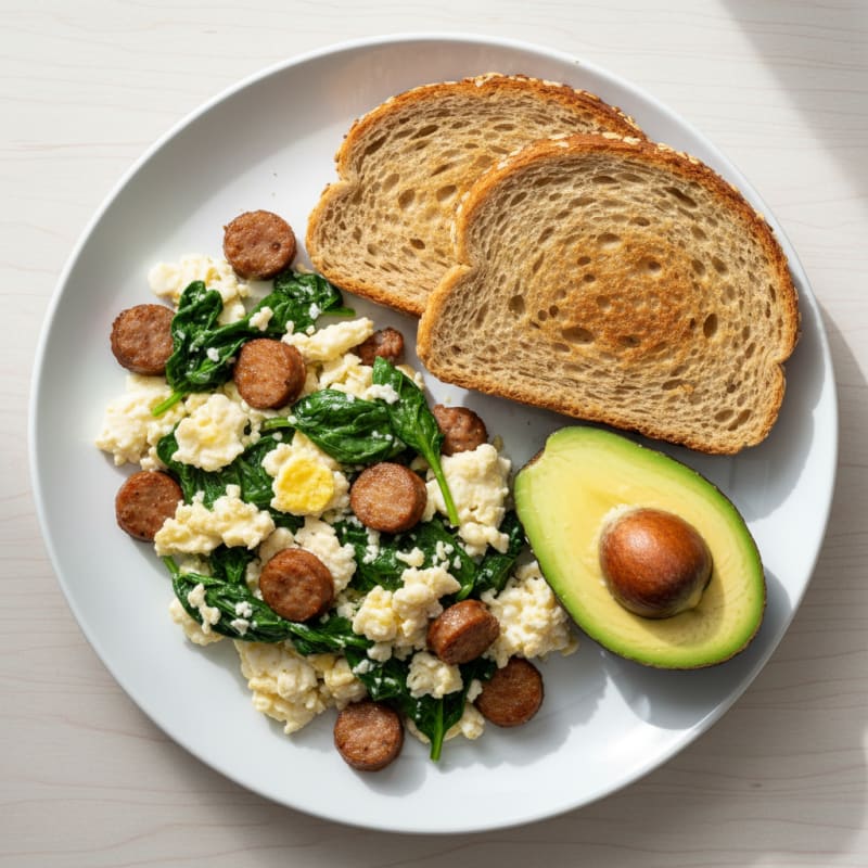 Scrambled Egg Whites with Turkey Sausage and Sautéed Spinach