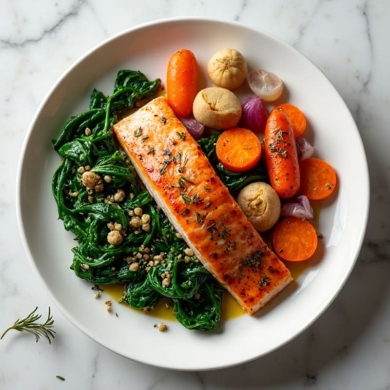 Seared Salmon Fillet with Herb-Roasted Root Vegetables and Garlic Spinach