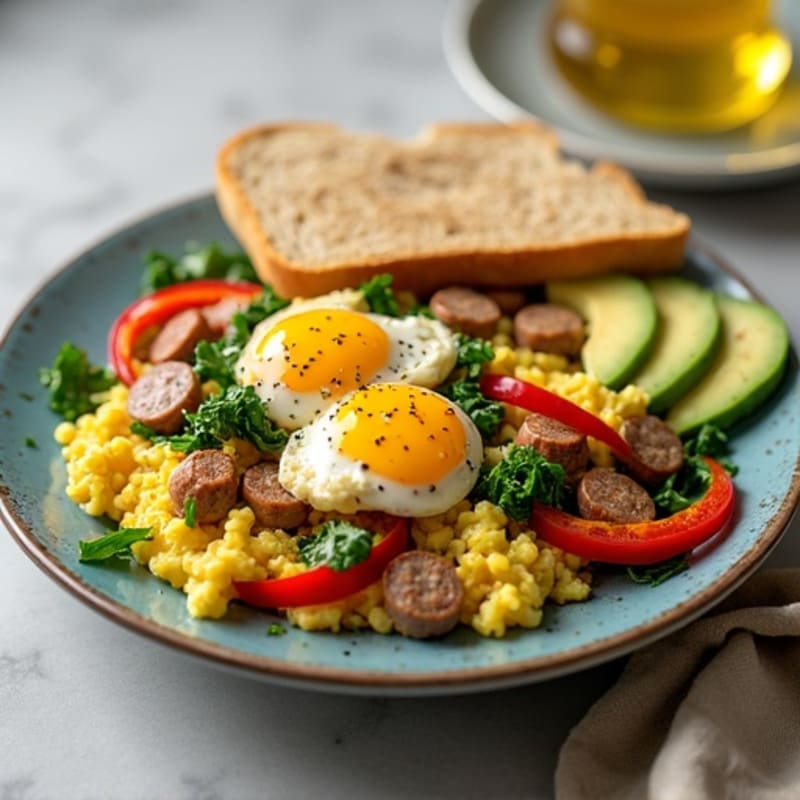 Egg White and Turkey Sausage Scramble with Spinach and Bell Peppers
