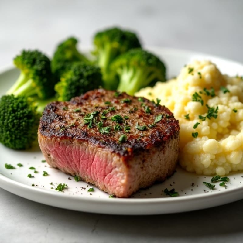 Herb-Crusted Sirloin with Garlic Cauliflower Mash and Roasted Broccoli