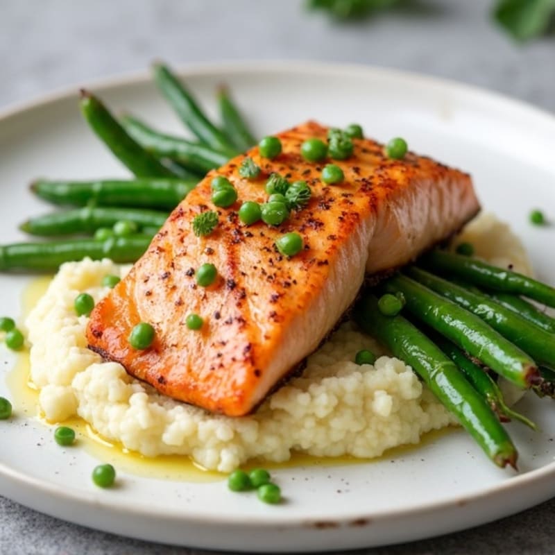 Seared Salmon with Garlic Green Beans and Cauliflower Mash
