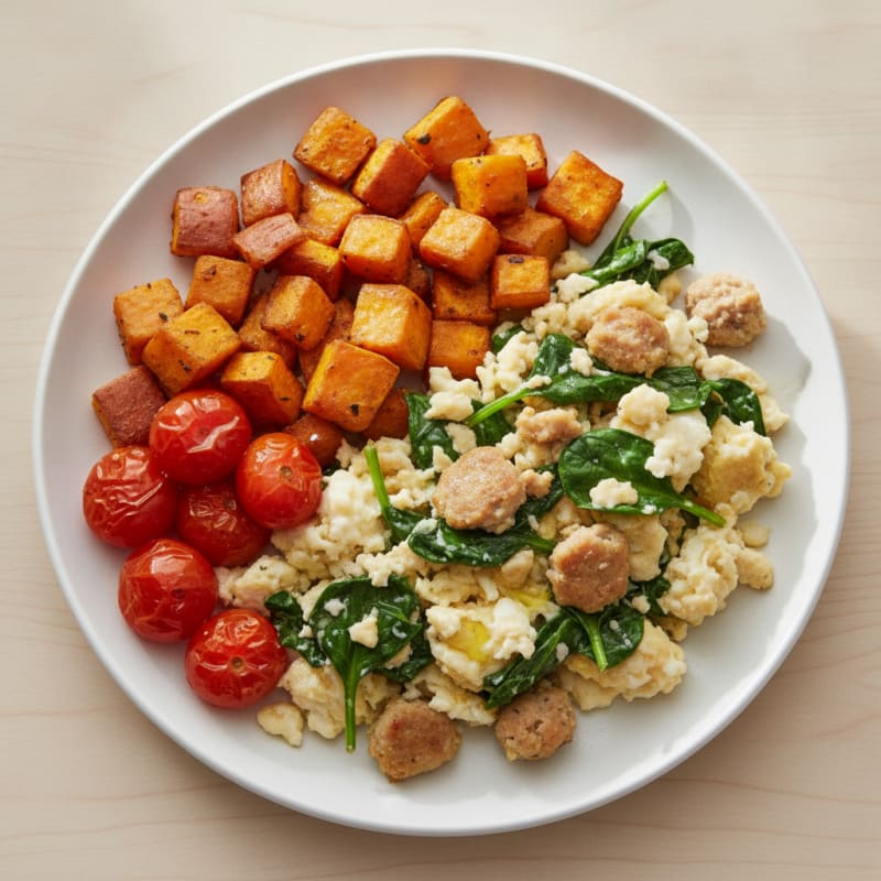 Egg White Scramble with Turkey Sausage and Sautéed Spinach