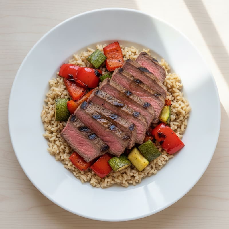 Grilled Beef and Roasted Vegetable Rice Bowl
