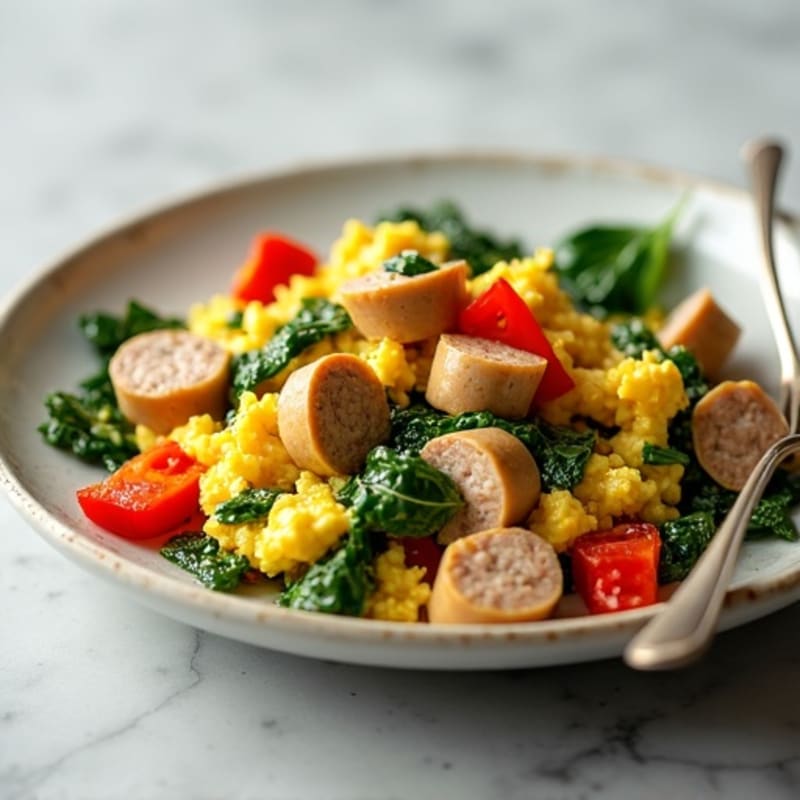 Egg White and Turkey Sausage Scramble with Spinach and Bell Peppers